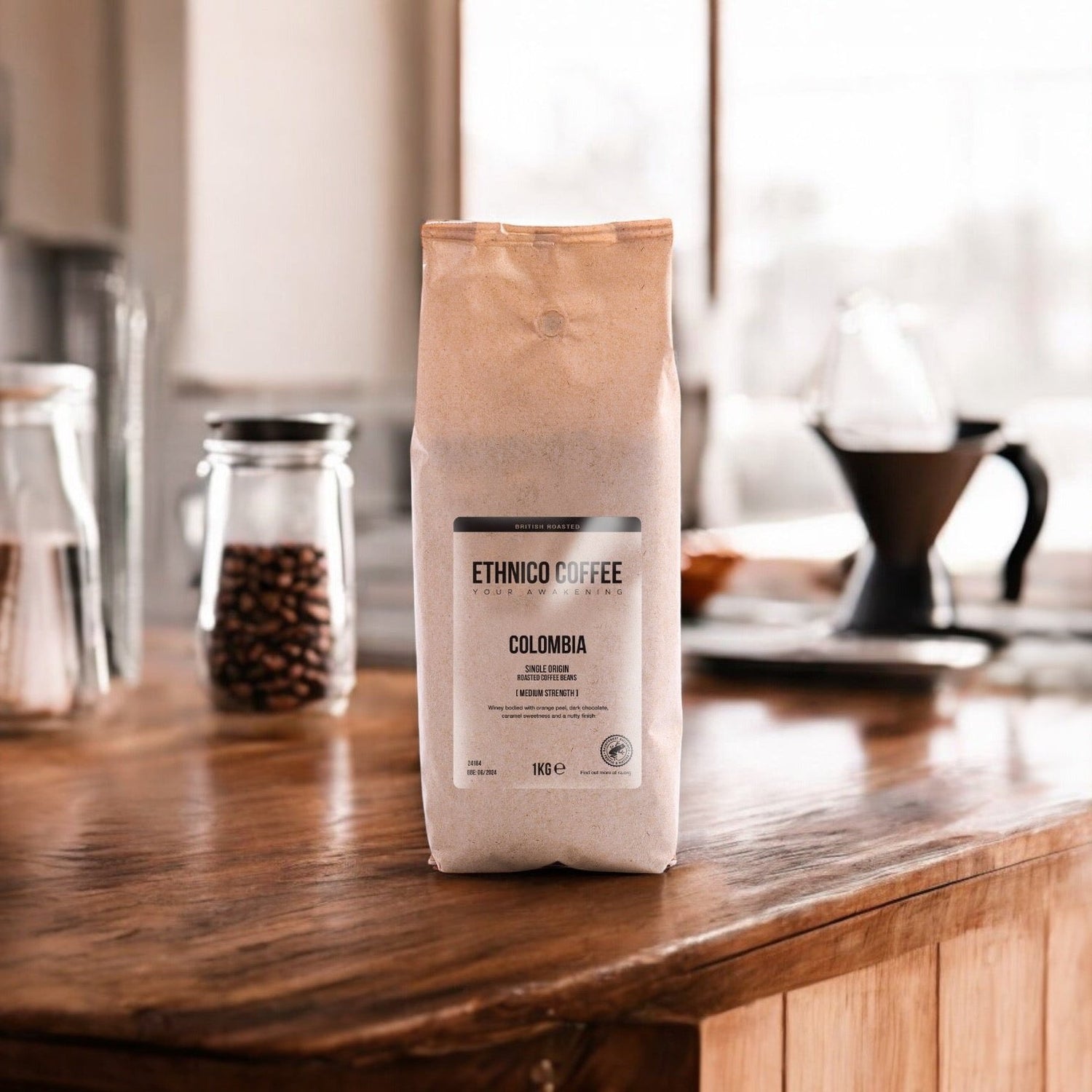 1kg bag of Colombian single-origin coffee beans, roasted in the UK and ethically sourced for rainforest alliance and sustainable coffee lovers.