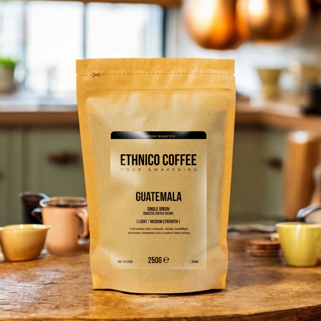 Ethnico’s 250g Guatemalan single-origin coffee beans, freshly roasted for rich chocolatey flavours and vibrant citrus brightness, ideal for UK coffee lovers."