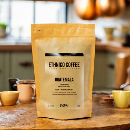 Ethnico’s 250g Guatemalan single-origin coffee beans, freshly roasted for rich chocolatey flavours and vibrant citrus brightness, ideal for UK coffee lovers."