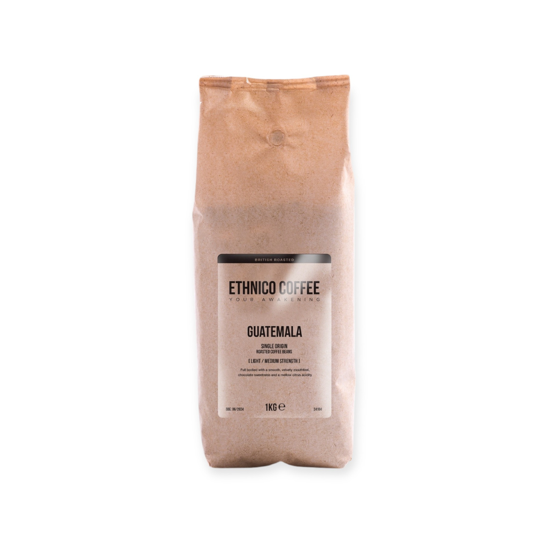 Ethnico’s 1kg Guatemalan single-origin coffee beans, freshly roasted for a rich chocolate flavour and smooth citrus notes, perfect for specialty coffee lovers in the UK