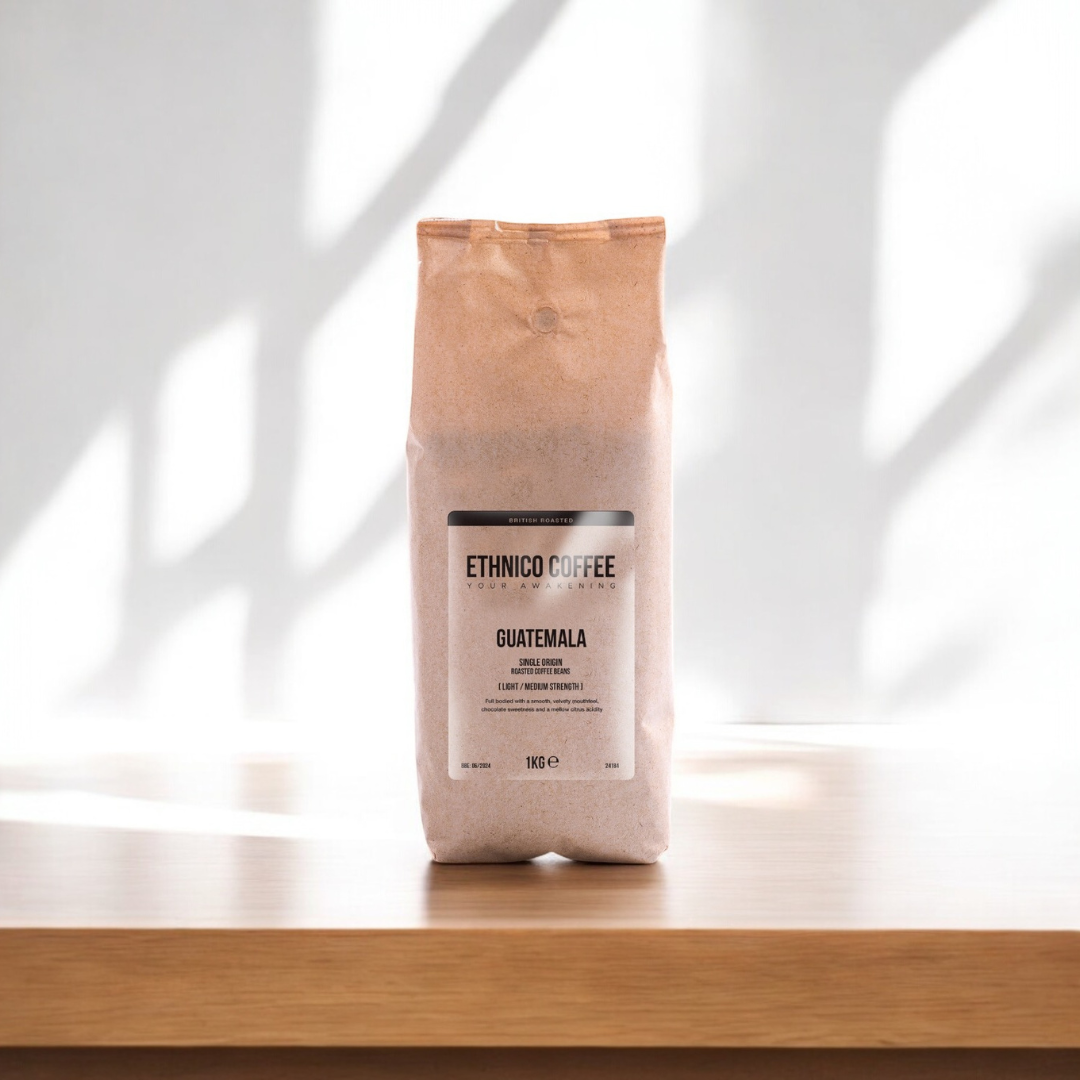 kg bag of Ethnico’s Guatemalan coffee beans, showcasing fresh roasted, single-origin beans ideal for brewing the best coffee in the UK.