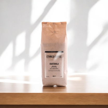 kg bag of Ethnico’s Guatemalan coffee beans, showcasing fresh roasted, single-origin beans ideal for brewing the best coffee in the UK.