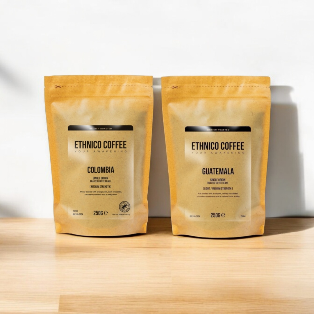 Ethnico Latin American 250g coffee basket displayed on a kitchen counter, perfect for gifting specialty coffee beans to coffee lovers in the UK.