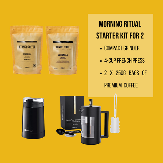Morning Ritual Starter Kit for 2 with fresh coffee beans, brewing equipment for two people, and coffee accessories for a shared morning coffee experience.