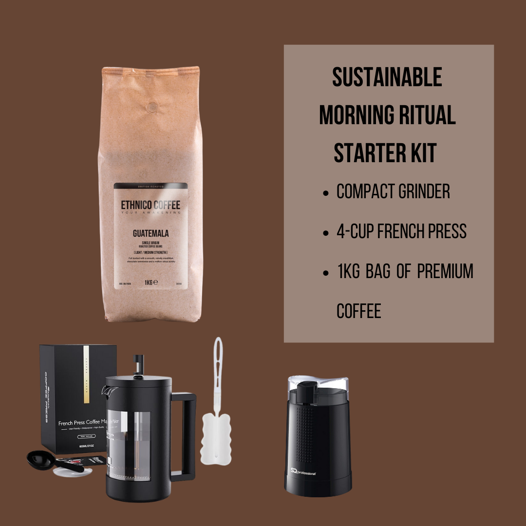 Sustainable Morning Routine Starter Kit with reusable coffee cups, ethically sourced coffee beans, and eco-friendly brewing equipment for an eco-conscious coffee routine.