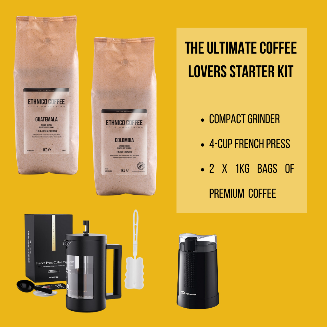 Ultimate Coffee Lover’s Kit with specialty coffee beans, premium brewing equipment, and coffee accessories for an exceptional brewing experience.